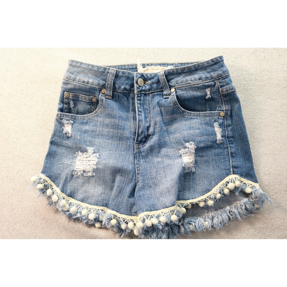 Altar'd State Distressed Cut Off Denim Jean Shorts Pom Pom Trim Blue Medium 26/3
